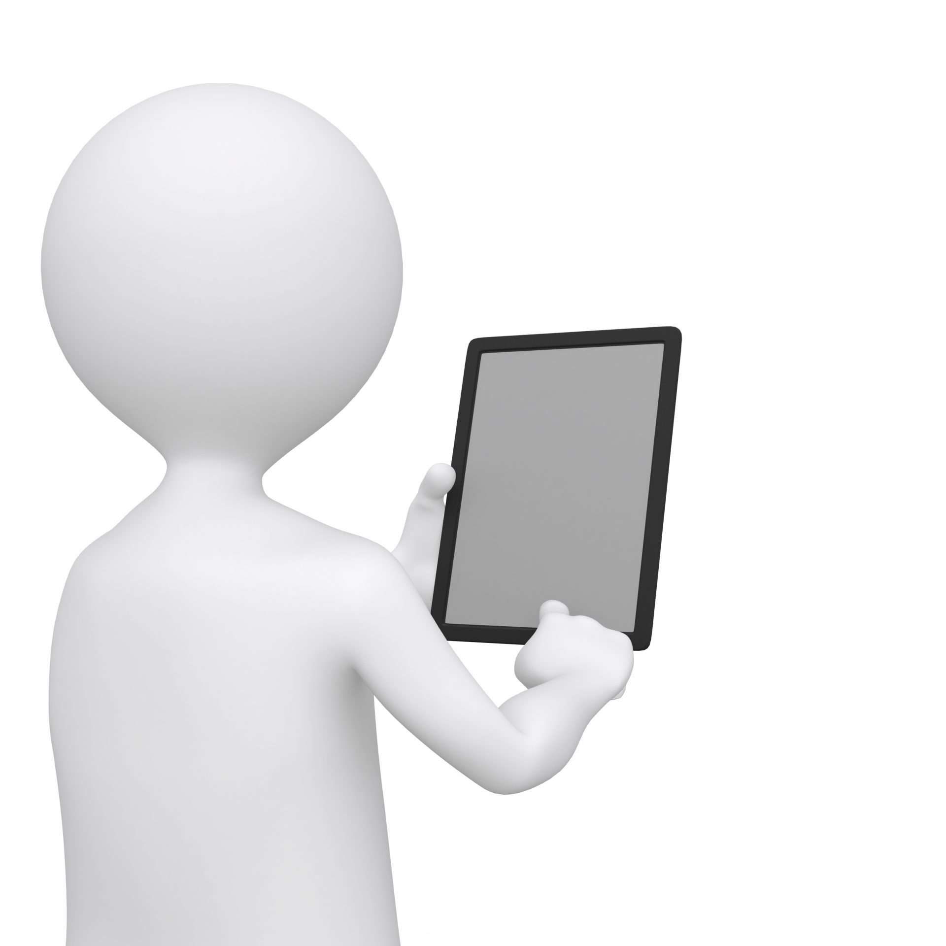 3D Businessman holding blank tablet pc. Advertising concept, isolated on white